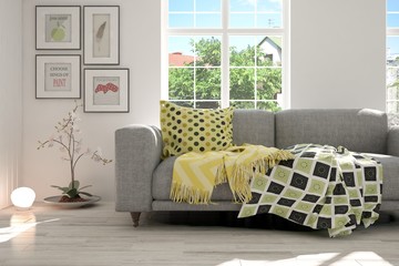 Idea of white room with sofa and summer background in window. Scandinavian interior design. 3D illustration