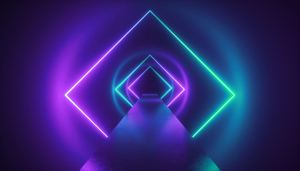 3d render, virtual reality environment, neon light, square esoteric portal, tunnel, corridor, ultraviolet abstract background, laser show, fashion catwalk podium, path, way, stage, floor reflection