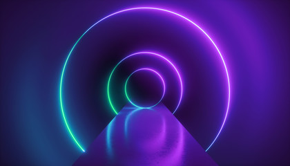 3d render, virtual reality environment, neon light, round portal, rings, circles, tunnel,...