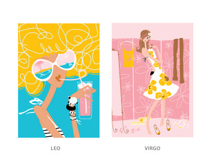 Leo and virgo woman horoscope signs. A girl with curly hairstyle drinking summer cocktail. Female trying on a dress.