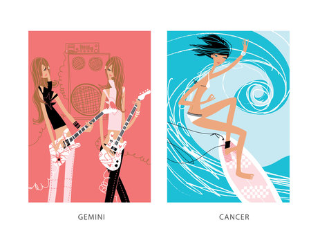 Surfing woman and two teen girls playing the guitar as gemini and cancer horoscope signs.