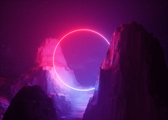 3D-Rendering, abstrakter Hintergrund, kosmische Landschaft, rundes Portal, rosafarbenes blaues Neonlicht, virtuelle Realität, Energiequelle, leuchtender runder Rahmen, dunkler Raum, ultraviolettes Spektrum, Laserring, Felsen, Boden © wacomka