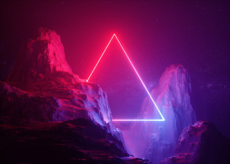 3d render, abstract background, cosmic landscape, triangular portal, pink blue neon light, virtual...