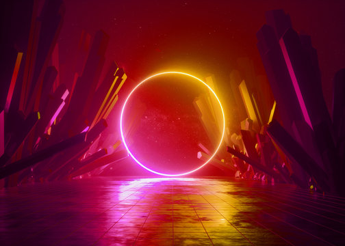 3d render, abstract background, cosmic landscape, round portal frame, red neon light, virtual reality, energy, glowing fire ring, dark space, infrared spectrum, laser triangle, rocks, ground