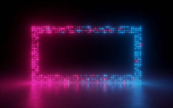 3d Render, Abstract Background, Screen Pixels, Glowing Dots, Neon Light, Virtual Reality, Ultraviolet Spectrum, Pink Blue Vibrant Colors, Laser Show, Rectangular Frame Isolated On Black