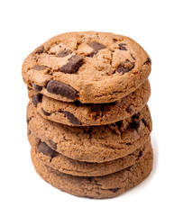 Stack of delisious  cookies with chocolate pieces isolated on white background. Macro image