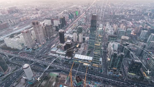 Timelapse. Beijing Landmark, Aerial View of Downtown Skyscrapers with Connection Lines,China