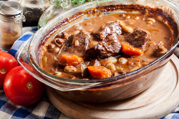 Beef Bourguignon stew in a casserole dish