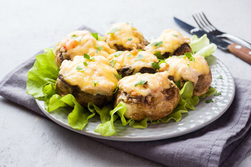Champignon mushrooms stuffed with cheese,chicken and herbs baked in oven