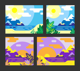 Summer landscape. Seascape. Morning and evening vector backgrounds. Set