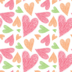 Heart seamless pattern. Vector love illustration. Valentine's Day, Mother's Day, wedding, scrapbook, gift wrapping paper, textiles. Doodle pen sketch. Colorful background