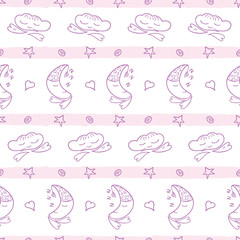 Vector stripes and moons, clouds, hearts and stars seamless pattern background in purple, pink and white colors. Cute childish style doodle elements. Good for fabric, pajamas, bedding.