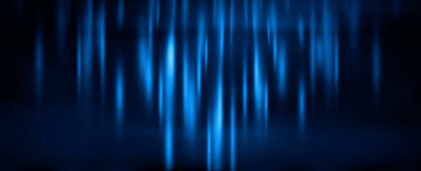 Product showcase spotlight background. Clean photographer studio. Abstract blue background with rays of neon light, spotlight, reflection on water.