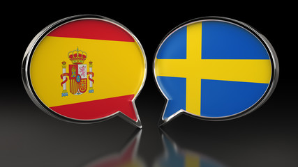 Spain and Sweden flags with Speech Bubbles. 3D illustration