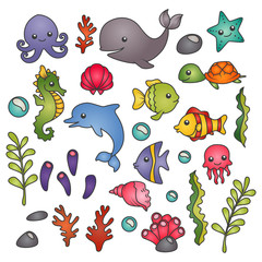 Set of isolated cute marine animals, seawweed and corals