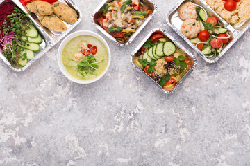 Take away food, variety of healthy meals top view