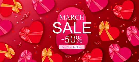 Naklejka premium 8 March sale background with red and pink gift box. Romantic design for flyer, card, invitation, poster, banner.