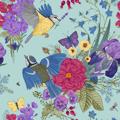 Fototapety  Kwiatowy wzór. Cycki, kwiaty, motyle. Vintage ilustracji botanicznych wektor. Kolor miętowy i fioletowy