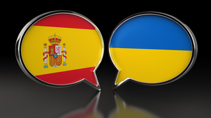 Spain and Ukraine flags with Speech Bubbles. 3D illustration