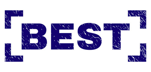 BEST text seal imprint with corroded style. Text tag is placed between corners. Blue vector rubber print of BEST with corroded texture.