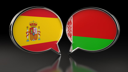 Spain and Belarus flags with Speech Bubbles. 3D illustration