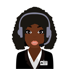 Operator consultant woman at work. Woman in a business suit, in headphones with microphone and name tag badge. Customer service icon. Webinar, video conference, video call. Vector illustrator