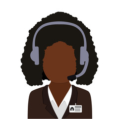Operator consultant woman at work. Woman in a business suit, in headphones with microphone and name tag badge. Customer service icon. Webinar, video conference, video call. Vector illustrator