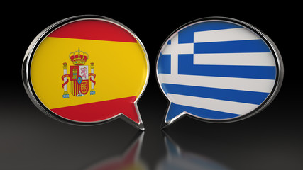 Spain and Greece flags with Speech Bubbles. 3D illustration