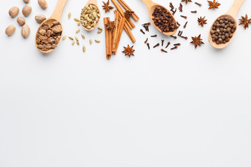 Cloves, anise stars, cinnamon sticks and nutmeg in spoons