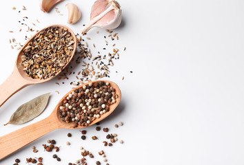 Indian mixed spices and peppercorns in wooden spoon