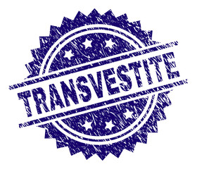 TRANSVESTITE stamp seal watermark with distress style. Blue vector rubber print of TRANSVESTITE title with unclean texture.