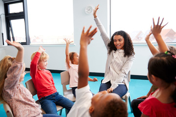 A class of infant school children sitting on chairs in a circle in the classroom, raising hands with their female teacher, close up