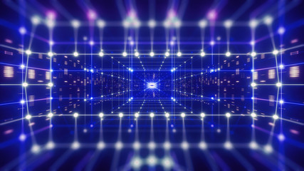 Obraz premium 3d render, colorful neon virtual reality tunnel, abstract geometric background. Virtual data with neon blue lines and dots. Player begins the VR game. VR experience. View with depth of field.