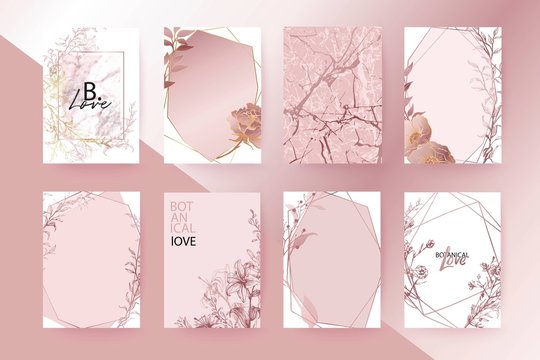 Rose gold marble texture card. Floral, lilies, roses bouquet wedding invitation design. Brochure, cover template.