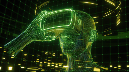 3D render, visualization of a man holding virtual reality glasses, electronic device, head...