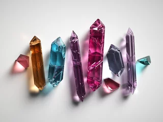 Fotobehang 3d render, colorful spiritual crystals isolated on white background, reiki healing minerals, rough nuggets, faceted fashion gemstones, pink purple quartz, semiprecious gems © wacomka