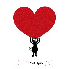 ''I love you'' text with cute black cats holding shining red heart. Happy Valentine's day greeting card