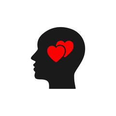 Black isolated icon of head of man and two red hearts on white background. Silhouette of head of man and hearts. Love think. Flat design.