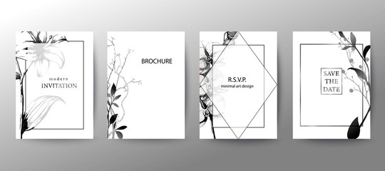 Set of elegant brochure, card, cover. Black and white botanical design. Hand drawn lilies, orchids, leaves.