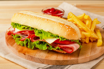 Submarine sandwich with bacon, cheese, tomatoes and lettuce