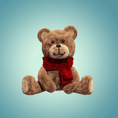 3d render, cute shy vintage teddy bear, plush toy, sitting, wearing red scarf, cartoon character, isolated object on blue background