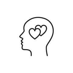 Black isolated outline icon of head of man and two hearts on white background. Line icon of head of man and hearts. Love think. Flat design.