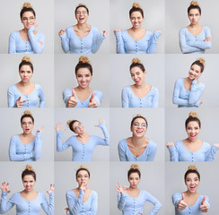 Portrait collage of girl with different facial expressions