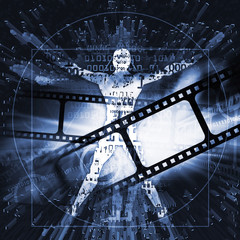 Cinema photography vintage background with Vitruvian man.
Illustration of blue dynamic background with a cinema strips and futuristic stylized silhouette of Vitruvian man. 
