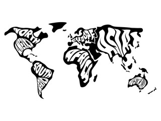 World map divided into six continents. Name of each continent wrapped in. Simplified vector illustration.