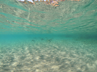 Underwater photo of super paradise beach with turquoise clear sea located in Greek island of Mykonos, Cyclades, Greece
