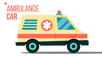 Ambulance Car Vector. Emergency Truck. Hurry Medic Clinic Transportation With Siren Isolated Flat Cartoon Illustration