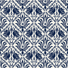 Seamless indigo dye woodblock printed ethnic damask pattern. Traditional European folk motif with cranes and florals, taupe brown on beige background. Textile or wallpaper print. - 242465926