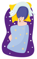 A young woman is sleeping in a bed with a cat next to her. Colorful vector illustration in flat cartoon style.