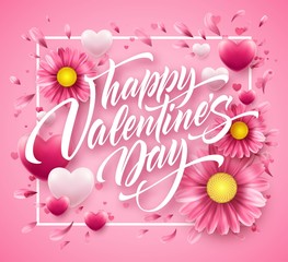 Valentines Day Lettering on Flower Background. Vector illustration